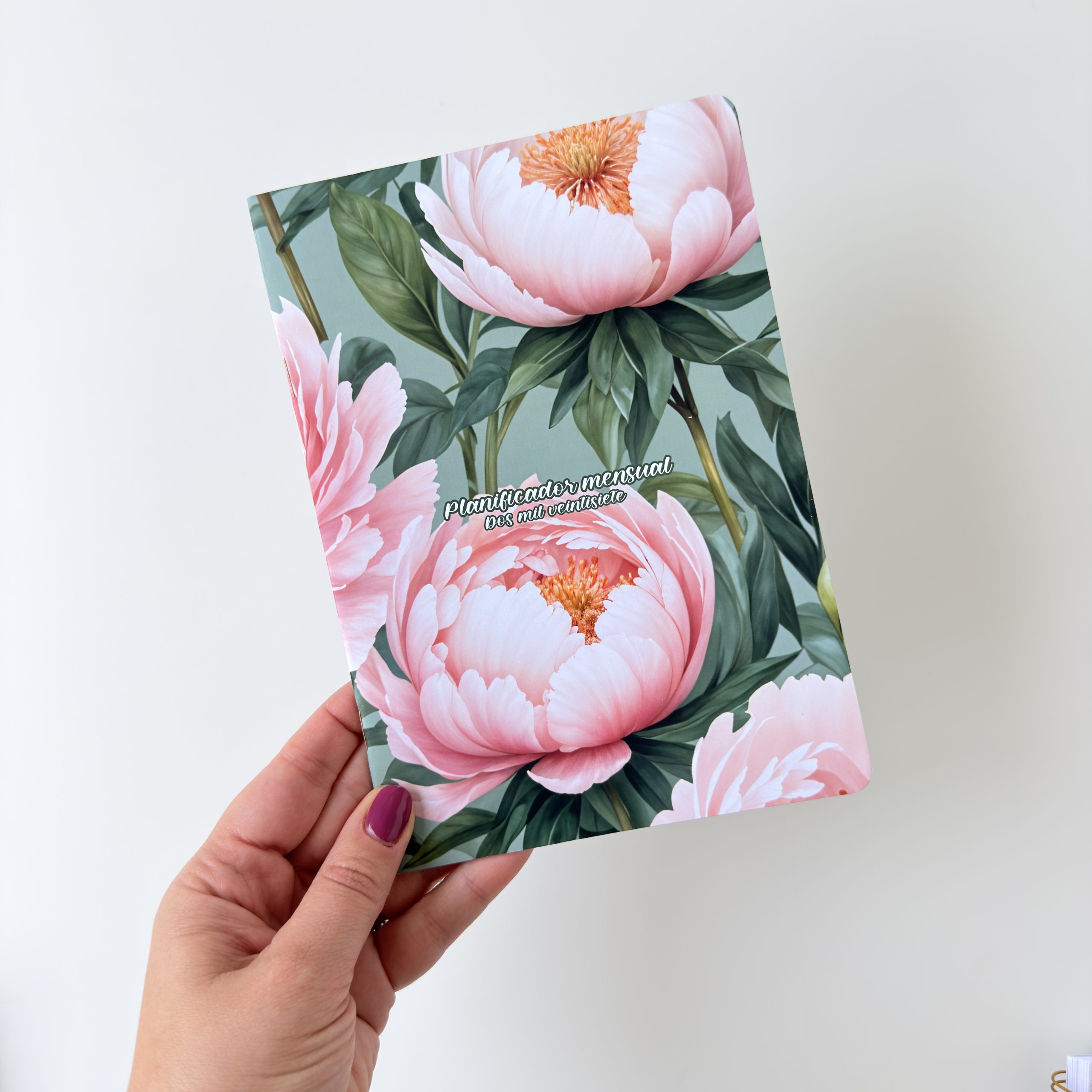 Planificador mensual 2027 para engrampar o coser, diseño neutro + diseño floral