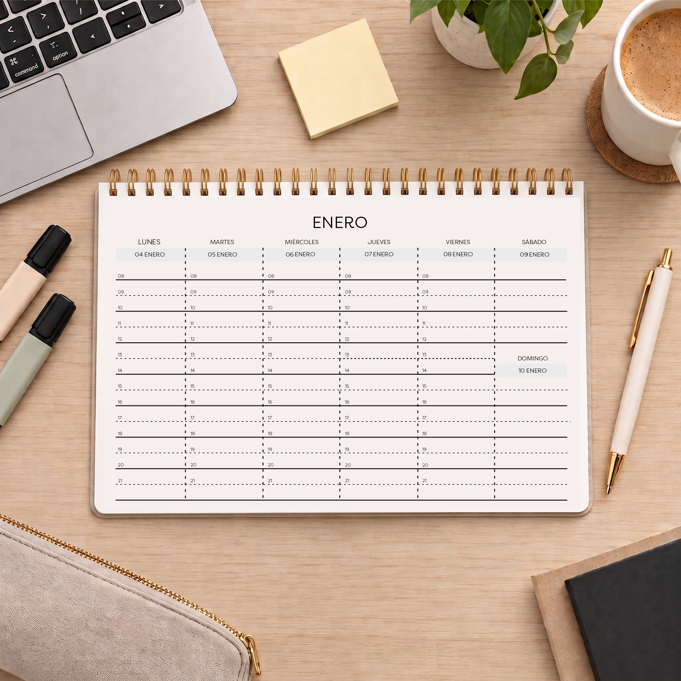 Planificador semanal A4 2027 con fechas y horarios - Diseño neutro